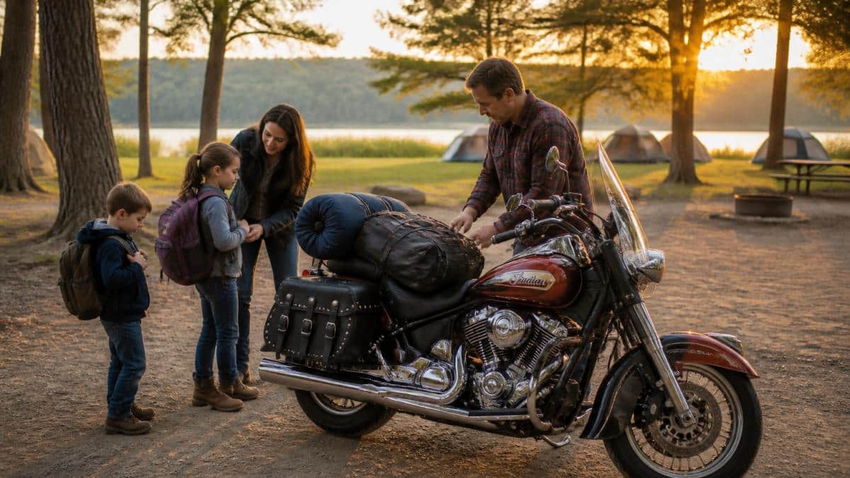 Family of four loading camping gear onto a motorcycle with saddlebags at sunrise, parents helping children with backpacks, scenic campground in background