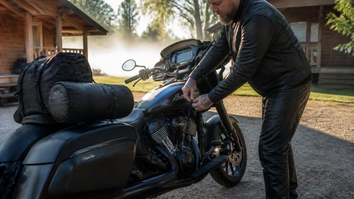 Motorcyclist adjusting leather saddlebags on an Indian motorcycle while planning a motorcycle rally trip